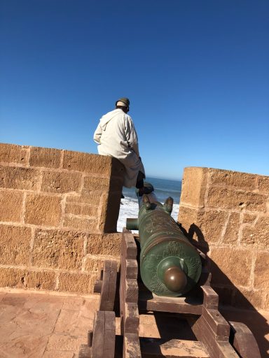 Person sitting on a stone wall, overlooking a cannon and the sea under a clear blue sky.